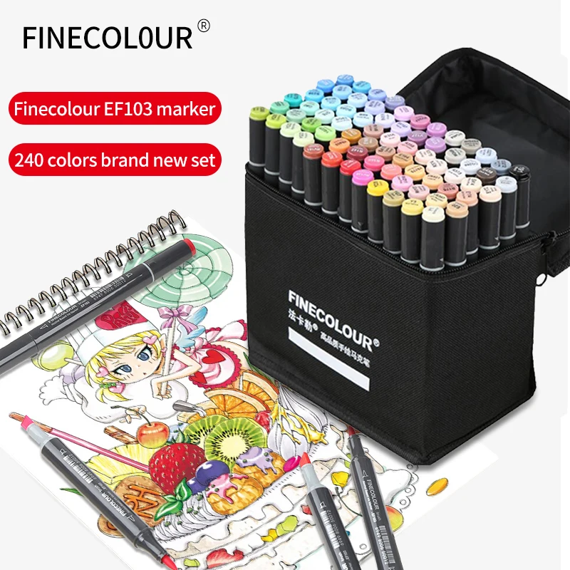 Preise FINECOLOUR EF103 Dual Köpfe Professionelle Kunst Marker Stift Fettige Alkoholische Marker 12 24 36 48 60  72 240 farben Weichen Kopf Runde Stange