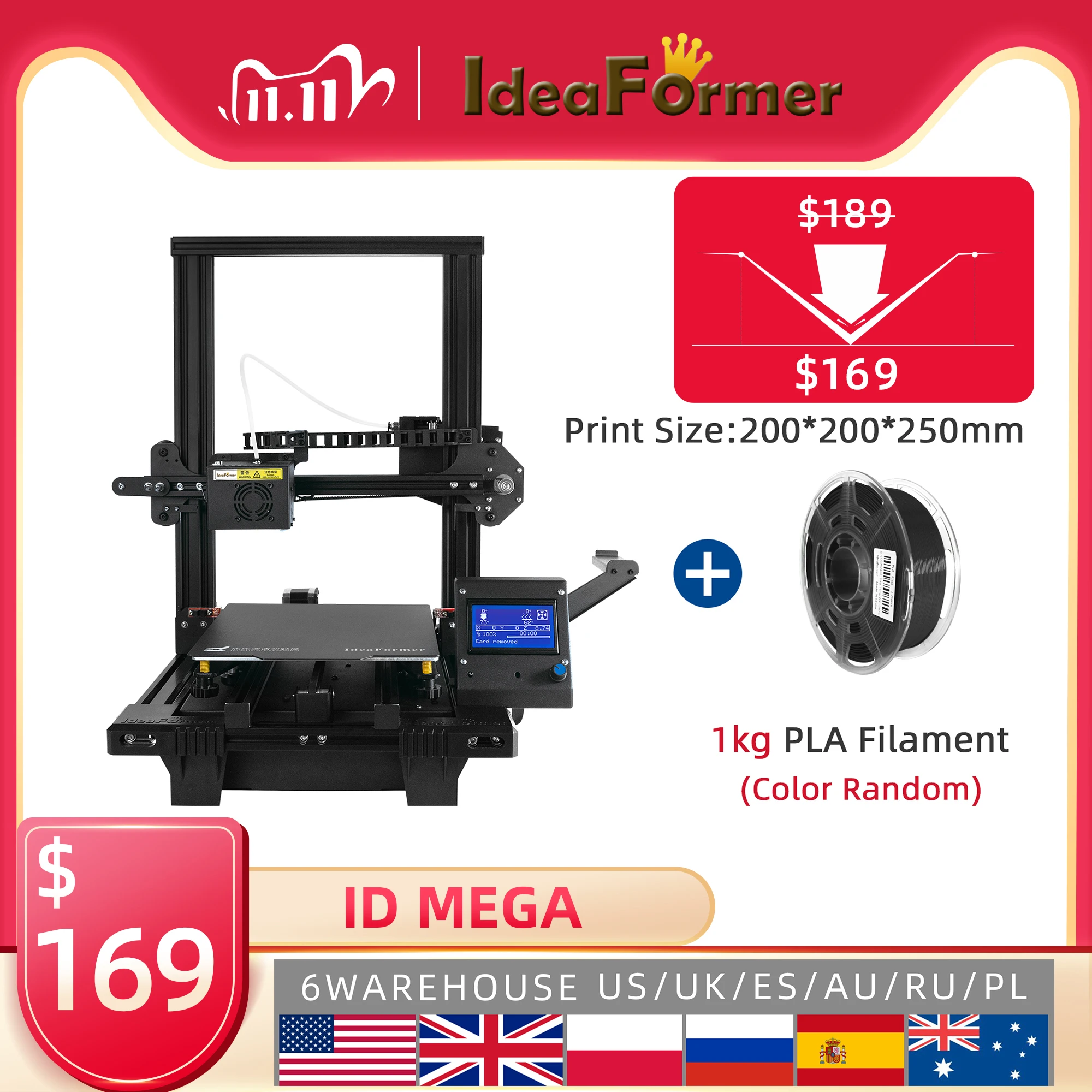 

2020 New Ideaformer Mega FDM 3D Printer Magnetic Build Plate TMC2208 Slient Print 200*200*250mm 3D Printer DIY Kit Self-Assemble
