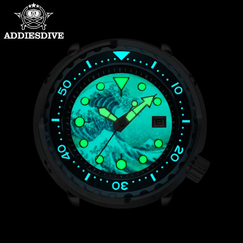 ADDIESDIVE NH35 Automatic Mechanical Watch Tuna 3D Printing Full Luminous Surfing Dial Sapphire Glass Date Diving Men's Watch