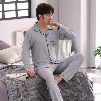 

XIZOU Men's Pajamas Set Autumn Winter Elastic Waist Men Sleepwear Cotton Long Sleeve Nightwear Print Top+Long Pant Homewear Set