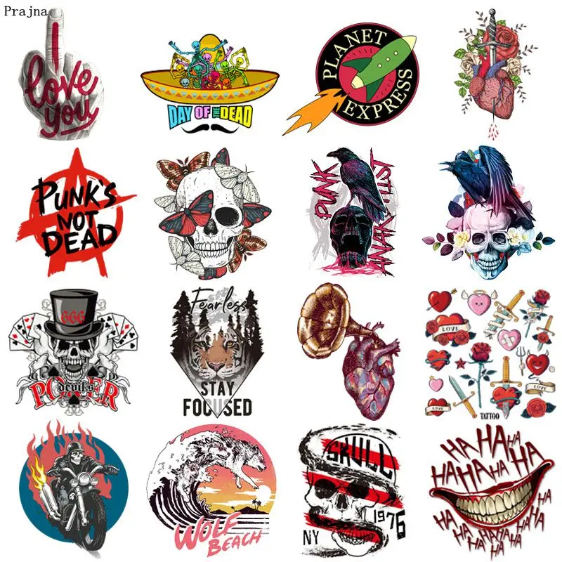 

Prajna Punk Skull Heart Patch Iron On Transfers Vynil Heat Transfer Rock Biker Ironing Stickers Thermal Patches For Clothing DIY