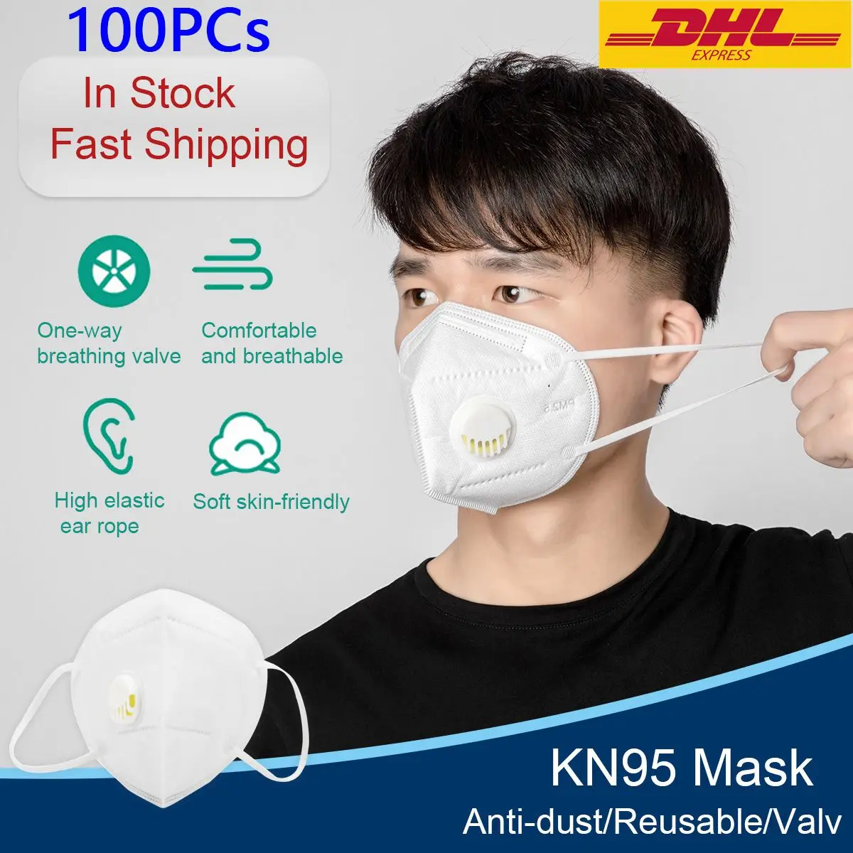

Fast Delivery 100PCs KN95 Dustproof Anti-fog And Breathable Face Masks N95 Nonwoven Mask 95% Filtration Features As KF94 FFP2