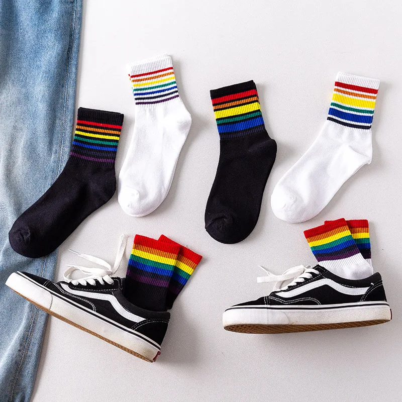 

Spring and Autumn New Ladies Rainbow Socks Breathable and Sweat-absorbent Casual Striped Cotton Socks Medium Tube Socks