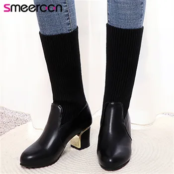 

Smeeroon 2020 new arrival winter women mid calf boots black shoes round toe slip on high heels shoes fashion woman boots