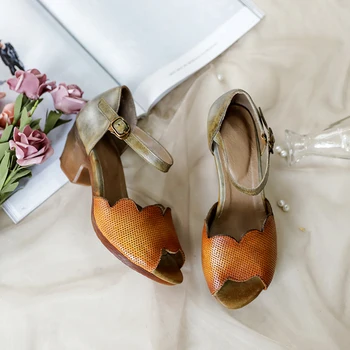 

Tayunxing real leather cowhide handmade shoes woman summer open peep toe high heel retro female lady sandals comfort 038-737