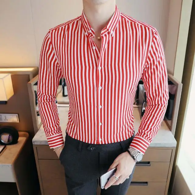 Мужская контрастная рубашка в Вертикальную Полоску, Высококачественная удобная хлопковая приталенная Повседневная рубашка на пуговицах с длинным рукавом - Цвет: Розовый