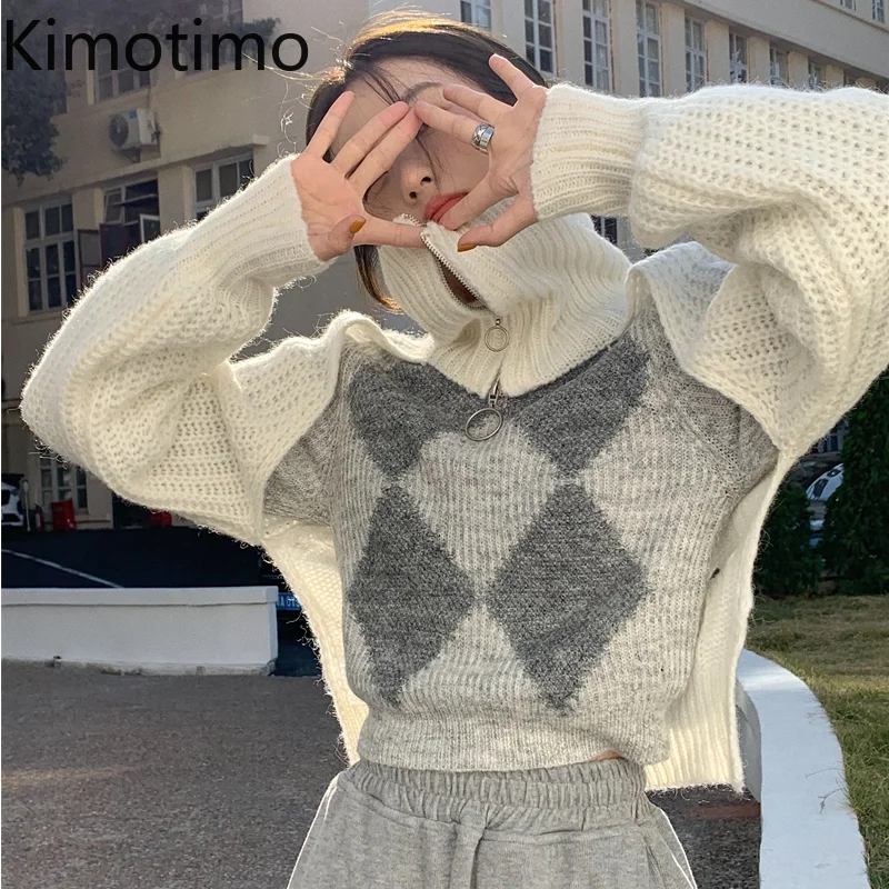 Kimotimo Design Argyle Sweater Women 2021 Winter Hole Zipper Knitted Blouse Korean Chic Backless Slim All-match Crop Pullover | Женская
