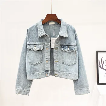 

Spring Autumn Korean Fashion Short Jeans Jacket Women Basic Long sleeve Denim Jacket Coat Loose Student Jeans Outerwear Female