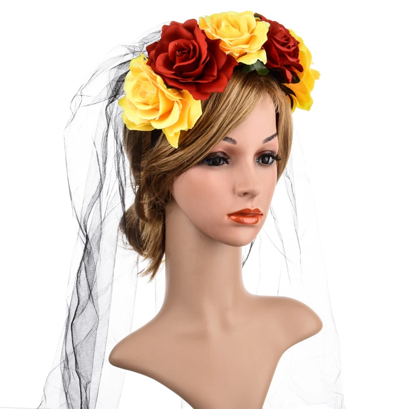 Хэллоуин ретро красная повязка на голову с розой венки на голову День мертвых вуаль труп розы для невесты мексиканское нарядное платье цветок лента для волос - Цвет: F