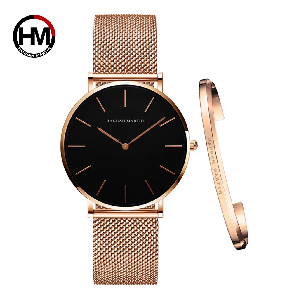 1 Juego de relojes de pulsera de acero inoxidable para mujer, reloj de pulsera de cuarzo japonés, resistente al agua, oro rosa, Simple