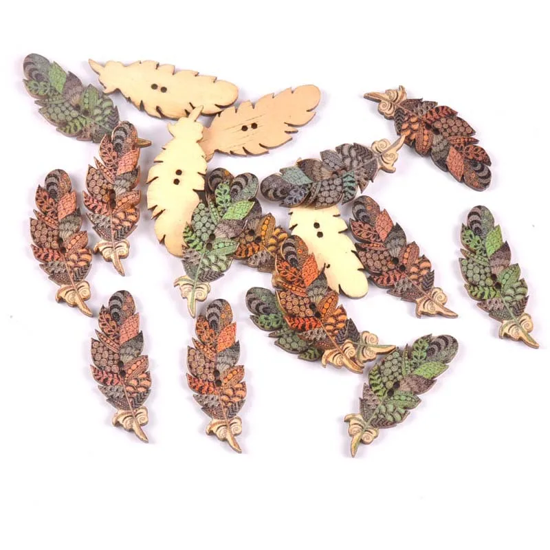 

40PCS Wooden Button Coat Jewelry Buckle DIY Multicolor Feather Shape Wood Piece Printing Button Accessories 15x40mm