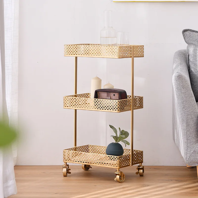US $40.25 Nordic Metal Storage Rack with Wheels Movable 3 Layers Gold Shelf Basket Home Organization and Storage Bathroom Kitchen Rack