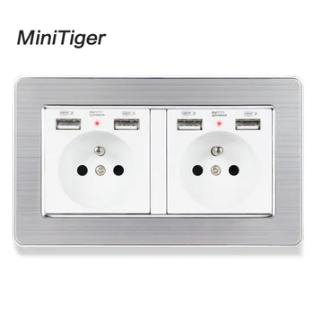 

Minitiger 2 Gang French Standard Wall Socket With 4 USB Charge Port Hidden Soft LED Stainless Steel Brushed Panel