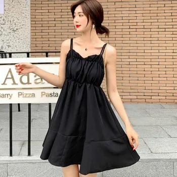 

Elnage 2020 Sexy Strap Small Black High Waist Pleated Retro Summer Women Clothes A-line Splicing Sleeveless Dress Short 5A463