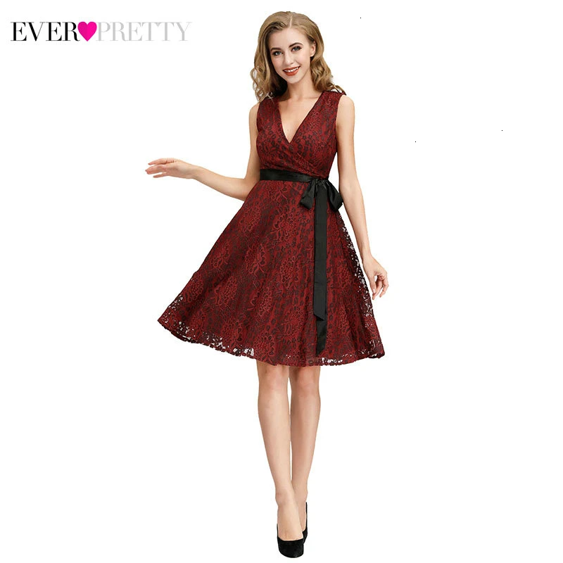 Красные Короткие коктейльные платья Ever Pretty A-Line с v-образным вырезом без рукавов с бантом и поясом мини-платье сексуальные кружевные вечерние платья Vestido Cocktail