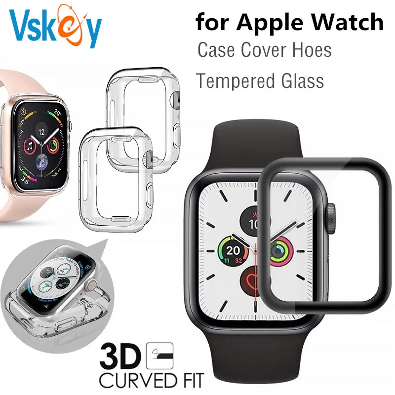 100Pcs Case Cover Hoes & 3D Full Cover Tempered Glass Screen Protector for Apple Watch Series 5 40mm 44mm Protective Film