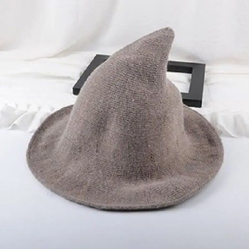 Шляпа ведьмы на Хэллоуин разнообразная по овчине шерстяная шапка вязаная Рыбацкая шляпа Женская мода ведьма остроконечная раковина ведро - Цвет: Khaki