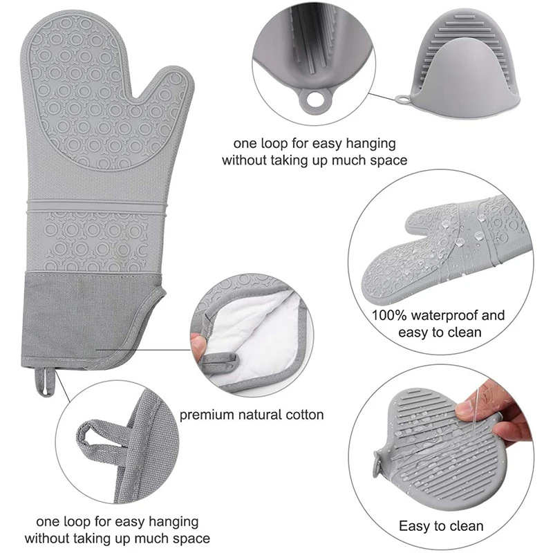 6Pcs Extra Long Oven Mitts and Pot Holders Sets, Heat Resistant Silicone Oven Mittens, Mini Gloves and Hot Pads Potholders