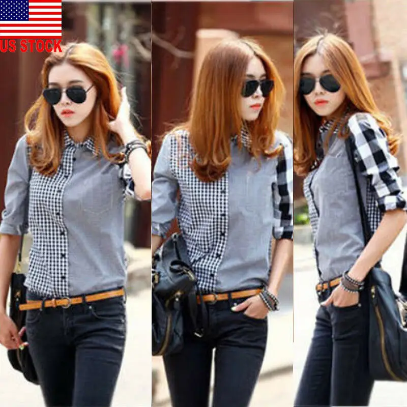 Women Retro OL Long Sleeve Graids Denim Shirt Casual Jean Blouse Tops