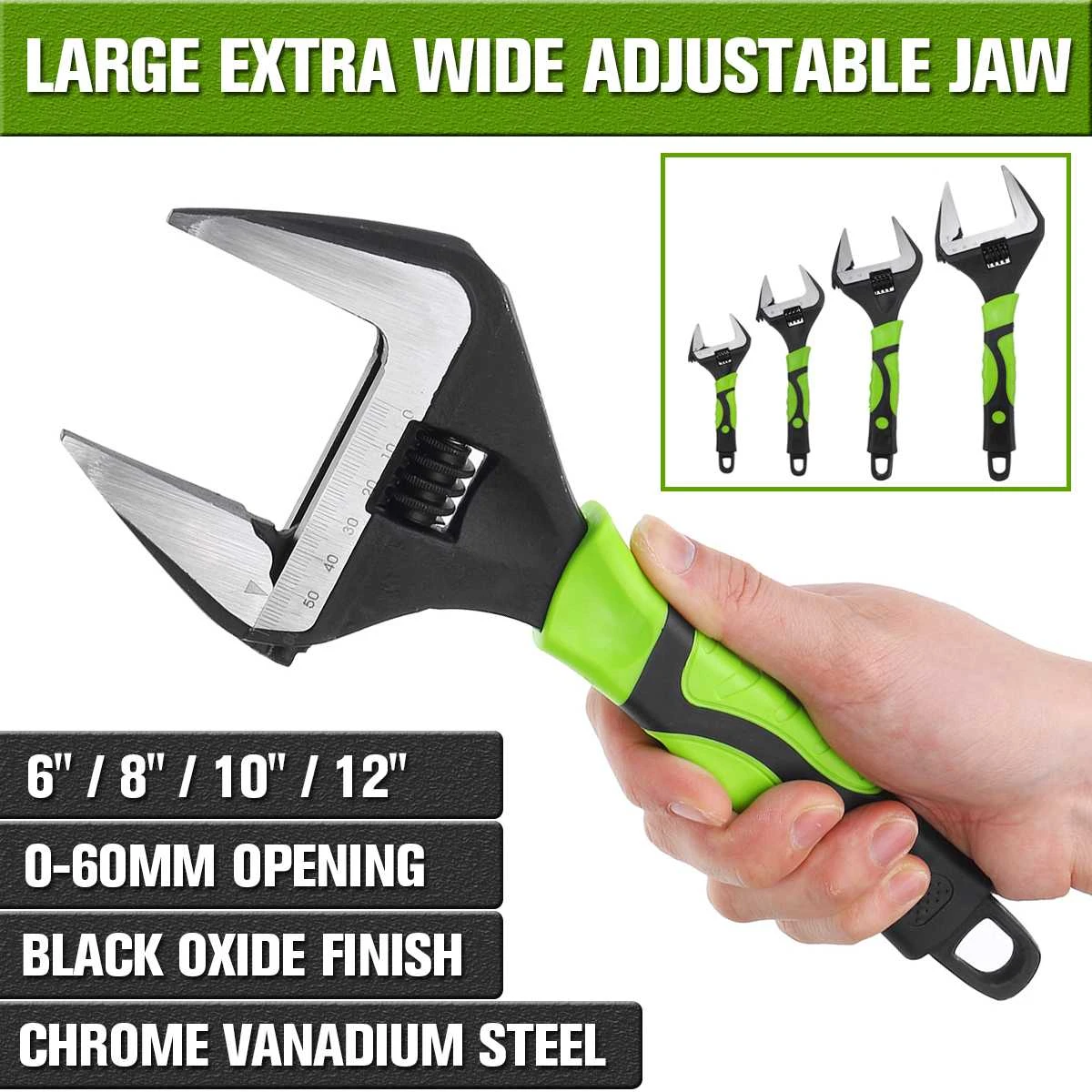 6/" 8/" 10/" 12/" Extra Wide Jaw Adjustable Spanner Wrench 60mm Openning Nut Pipe US