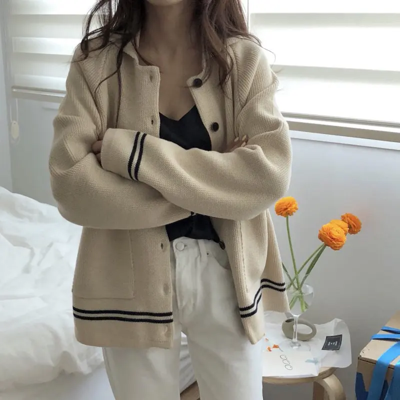 

HziriP 2019 Vintage Chic Striped Color-Hit Korea Patchwork Slender Full Sleeves Retro Simple Cardigans Knitted Slim Sweaters