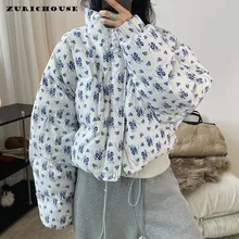 ZURICHOUSE Floral Print Short Women's Winter Jacket Thick Cotton Padded Coat Female Warm Stand Collar Fluffy Puffer Parkas