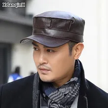 XdanqinX мужская шляпа из натуральной кожи осень новая воловья плоская кепка армейские военные шапки среднего возраста Классические Теплые шапки с наушниками