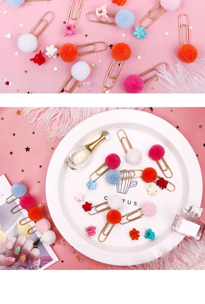 10PCS MaCaron color Plush ball type Mini Bookmark Paper Clip Kawaii School Office Supply Metal Material Escolar Papelaria Gift