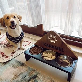 

Stainless steel personalized real wood triple cat dog food pet feeder bowl ergonomic free name on it ergonomic