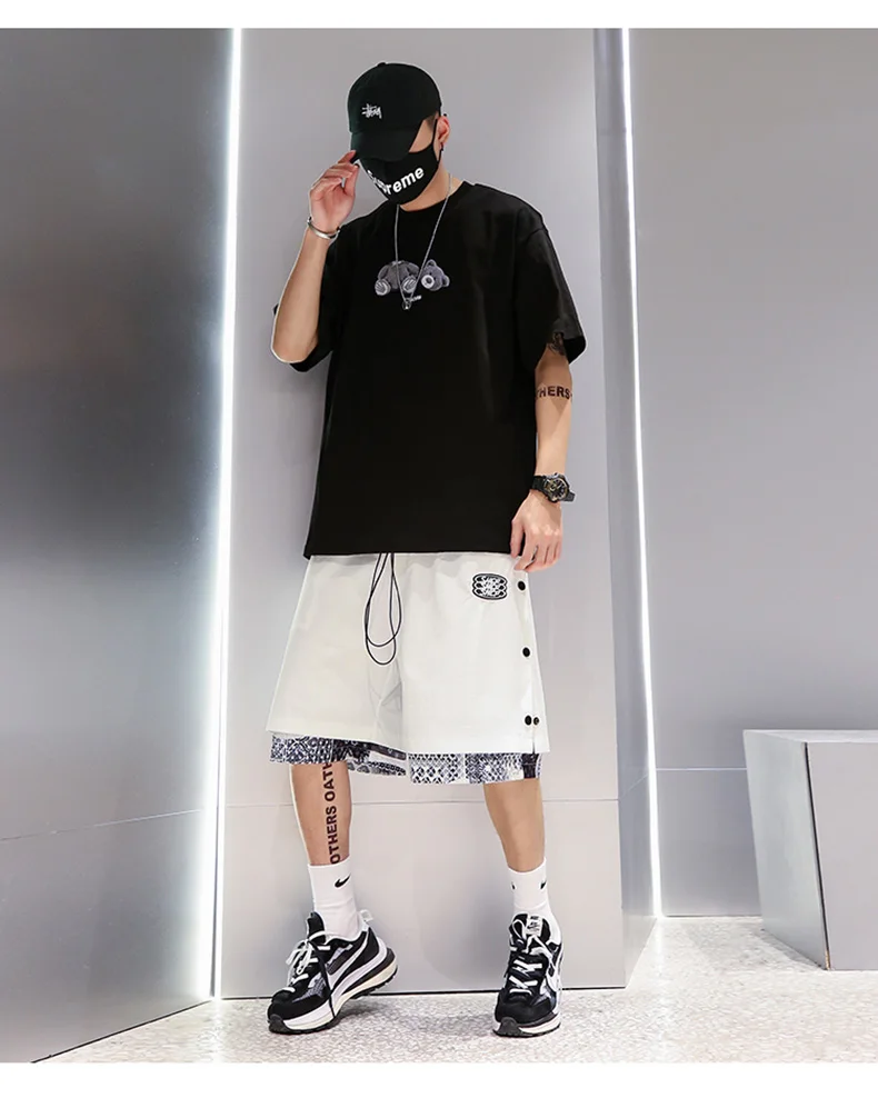 Korean Fashion Men Casual Shorts Cashew Print Loose Baggy HipHop White Streetwear Shorts Japanese Harajuku Beach Shorts for Male smart casual shorts