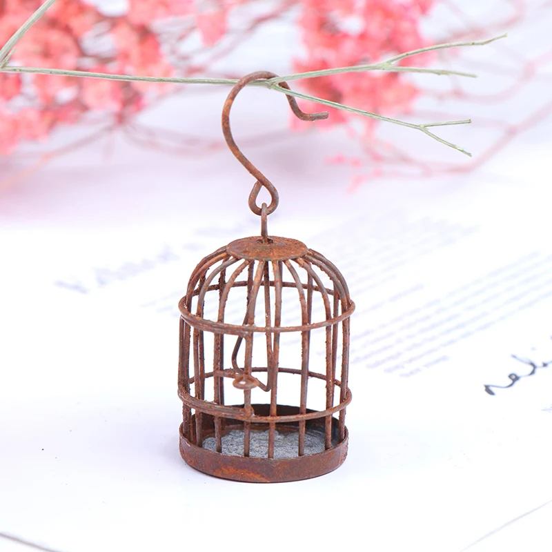Miniature figurines miniature ornament 1:12 scale metal bird cage with bird birdcage dollhouse miniature gold tone