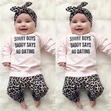 Комплект для новорожденных; коллекция года; футболка с леопардовым принтом для маленьких девочек; Топ и штаны; повязка на голову; осенняя одежда; Повседневная хлопковая одежда; Возраст 0-24 месяца