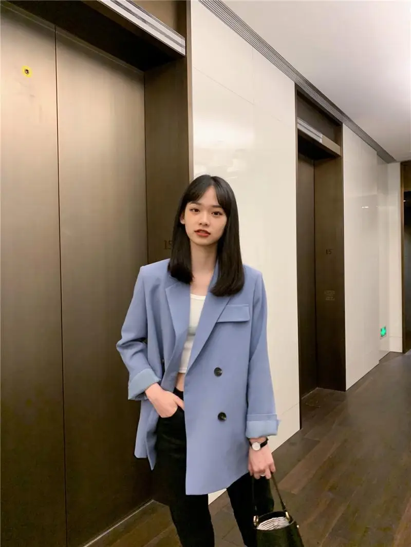 

2019 Autumn Clothing New Style Korean-style Simple Elegant Blue Long Sleeved Suit Jacket Women's Versatile Online Celebrity Suit