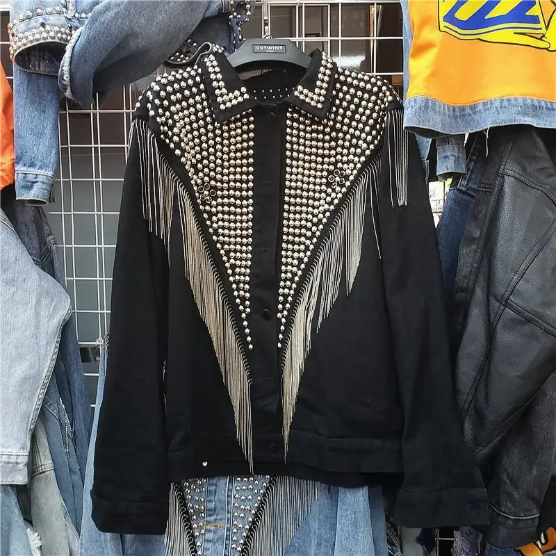

2019 Early Autumn Cowboy Short Tassels Heavy Loose Coat Woman Rivet Loose Circle Point