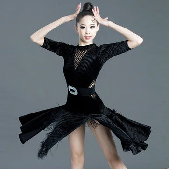 

Girls Latin Dance Dress Black Velvet Fringed Split Dresses Tango Salsa Rumba Cha Cha Samba Competition Performance Wear DN5221