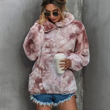 

Hoodies Turtleneck Women Plush Fleece Hooded Teddy Coat Zipper Sweatshirt 2020 Autumn Winter Tie Dye Long Sleeve Warm Hoodies