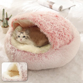 

Dogs Cats Round Sleeping Bed Soft Plush Non Slip Hooded Burrowing Cave Indoor Portable Small Animal Pet House Cute Winter Warm