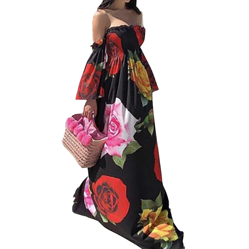 

Long Maxi Dresses for Women Cotton Bohemian Loose Print Floor-Length Flare Sleeve Strapless Off Shoulder Summer Dress Vintage