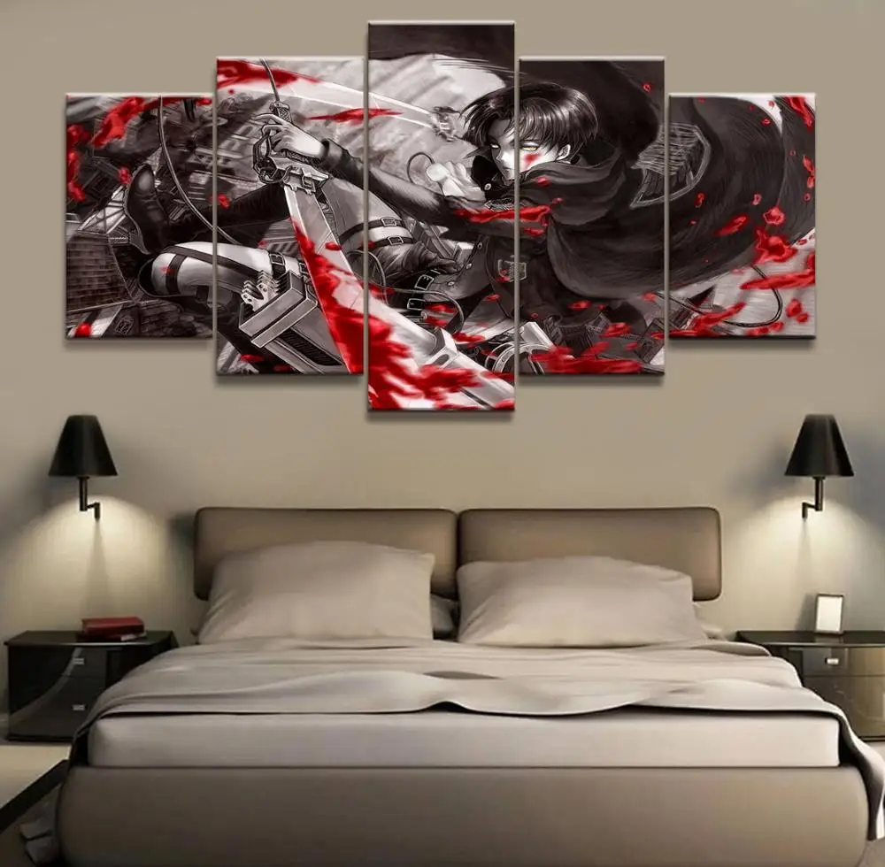 Печатные Картины рамки холст 5 панель аниме атака на Титанов Levi Ackerman персонажи