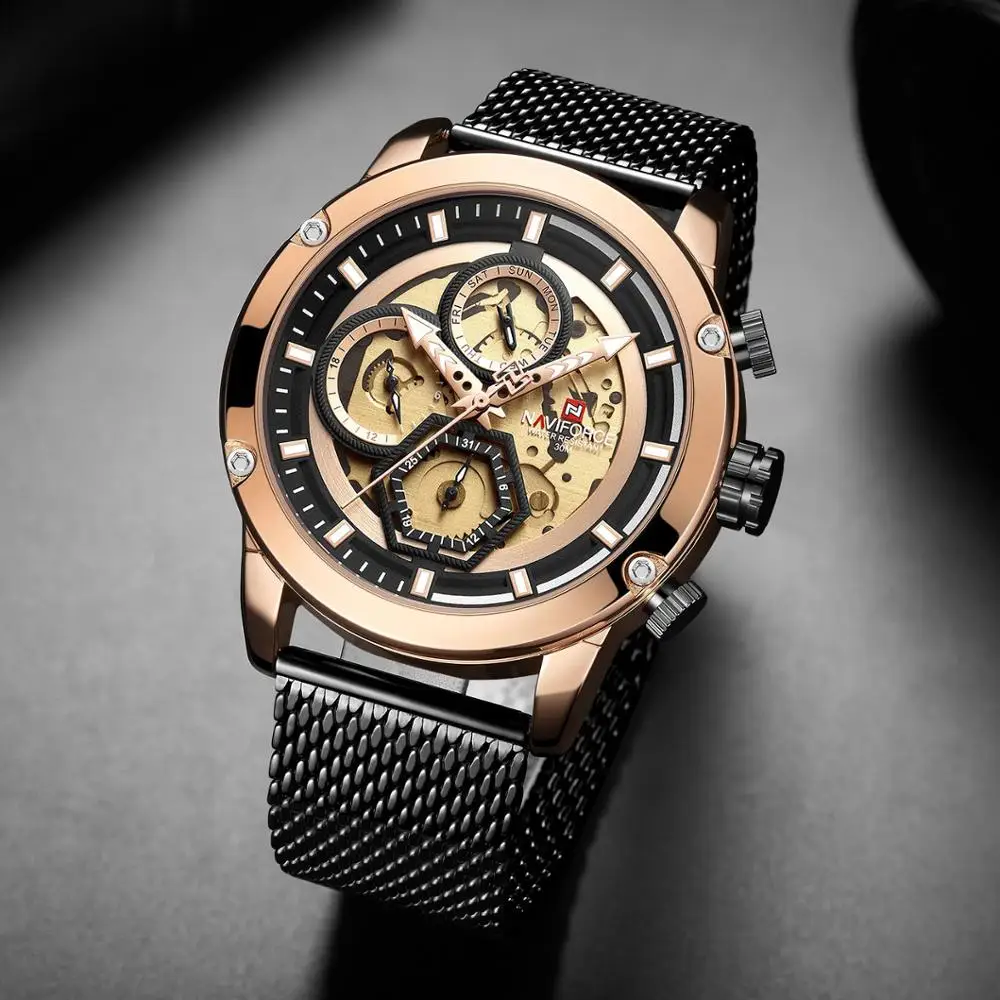 

Naviforce Brand Luxury Black Gold Male Watch with Luminous Dial Man Watch Clock Business Mens Watches Quartz Relogio Masculino