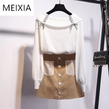 

MEIXIA 2020 Autumn Winter Two piece set Casual Slash neck Solid Top + Skirt Mini Pockets Button Fashion Office Lady 2 Piece Set