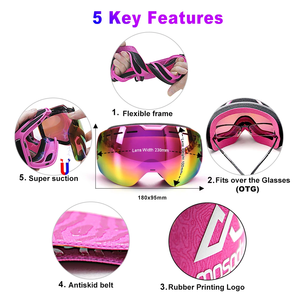 Mosodo Magnetic Ski Goggles Magnet Snowmobile Anti-fog Skiing Eyewear Snow Large Spherical Winter Ski Glasses Brightening len Mosodo Magnetic Ski Goggles Magnet Snowmobile Anti-fog Skiing Eyewear Snow Large Spherical Winter Ski Glasses Brightening len