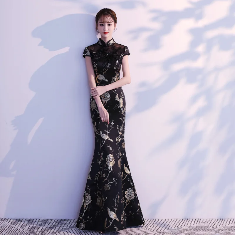 Bridesmaid dress Fashion black Qipao Long Party Cheongsam Oriental Women's Slim Dress Chinese Style Lady sexy Seductive dress