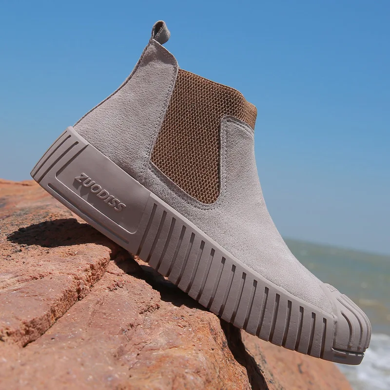 

Chelsea Men Boots Ankle Low Cow Suede Simple Pointed Toe Men Boots Casual All Match Winter Boots Sand Khaki N10-55