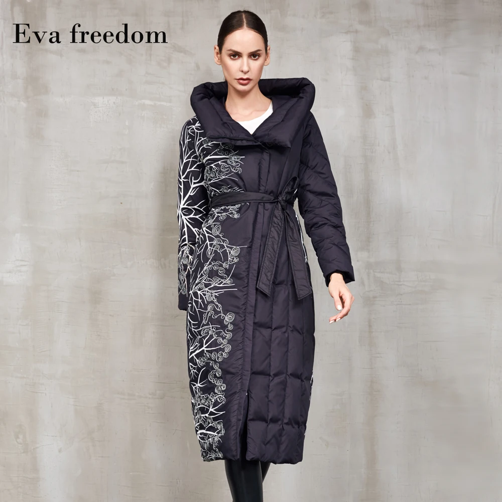 

Evafreedom2020 Winter Women's Jacket European and American Fashion Printing Embroidery Retro Hooded Street Plus Size Down Jacket