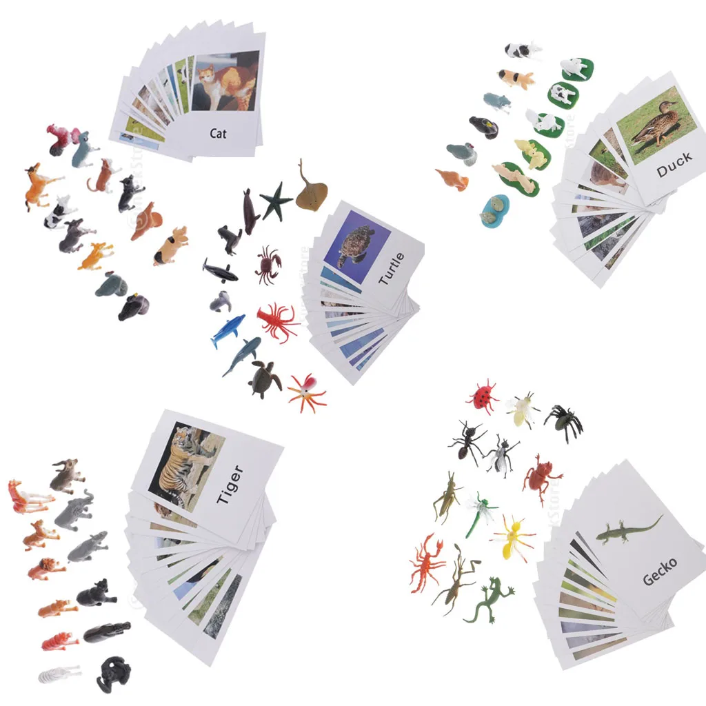 60x Miniature Montessori Wild Jungle Animals Figures With Matching Cards 