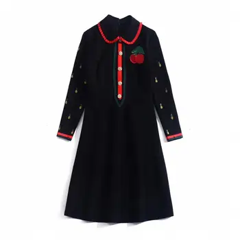 

Spring 2020 for European and American women's wear Pineapple cherry embroidery Long sleeve lapel Fashion dress