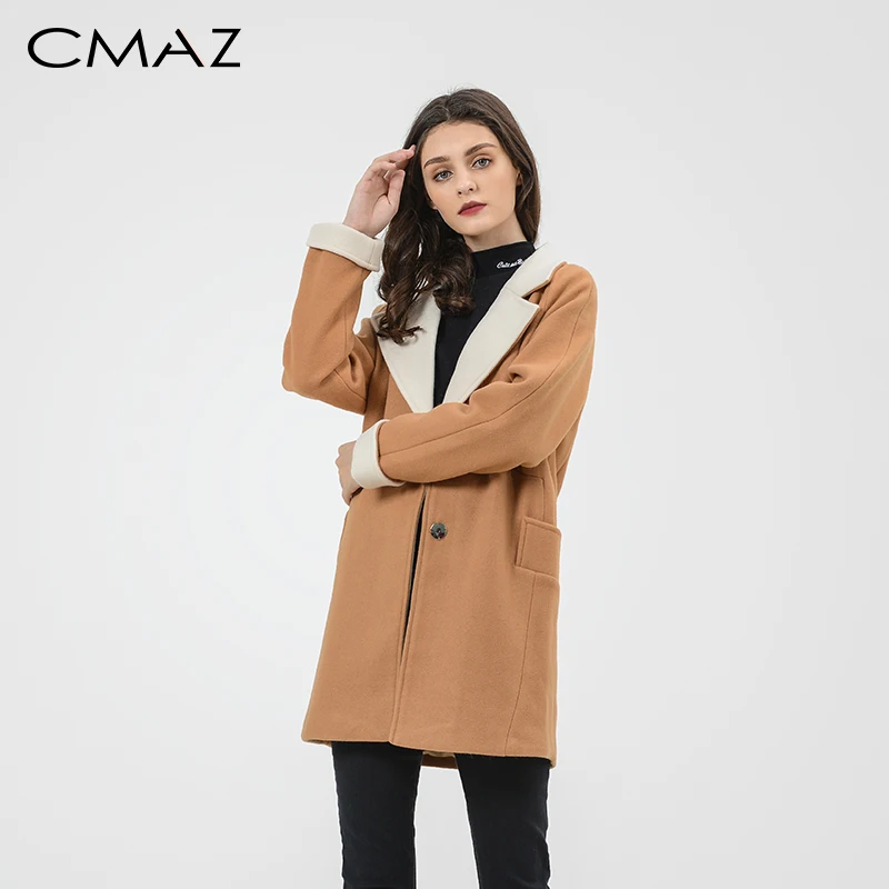 

CMAZ Wool Blends Slim Pockets Women Coats Notch Lapel Outwear Autumn Winter Elegent Long Covered Botton Coats MX17D9642