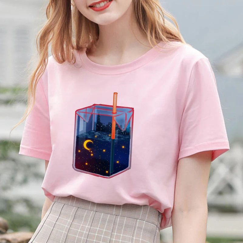 Summer New Pink Fashion Korean Style Women's Japanese Peach Juice Drink Print Harajuku Vogue Casual Loose Kawaii Female T Shirt