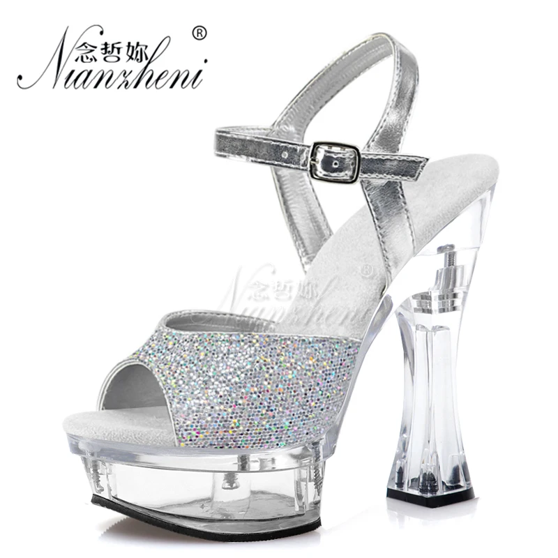 

14cm Super High Stripper Heeled Pole Dance Shoes Sweet Elegant Party Dress Women Platform Sandals 6 Inches Flash Powder Glitter